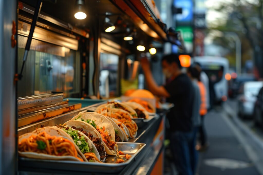 Food truck counter, tacos with meat and noodles, horizontal lineup, daylight, editorial travel photo, blurred vendor present.