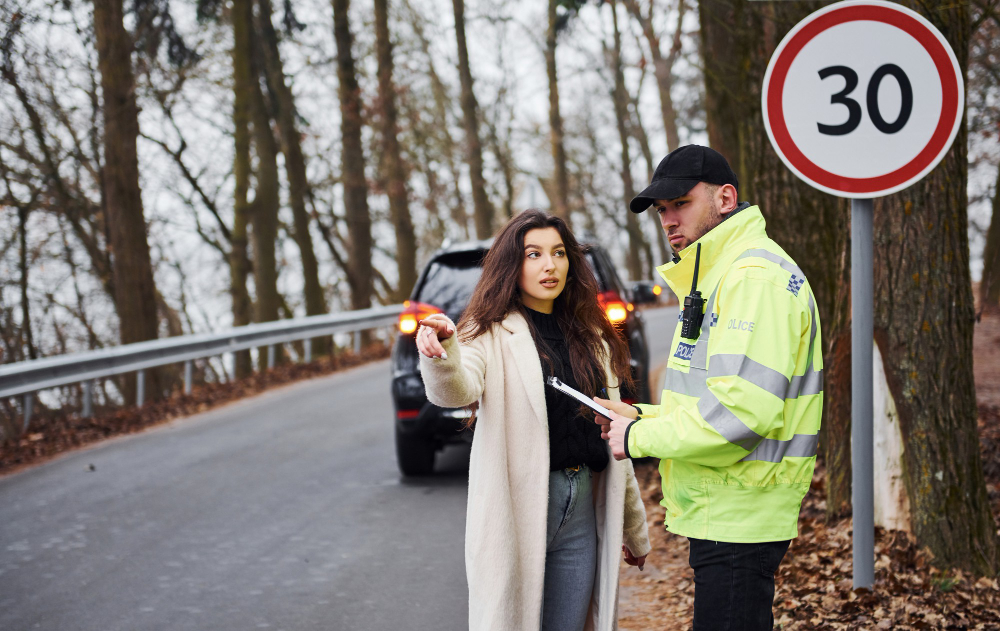 Rural roadside, police officer and woman talking, black car parked, daylight, documentary style, two people.