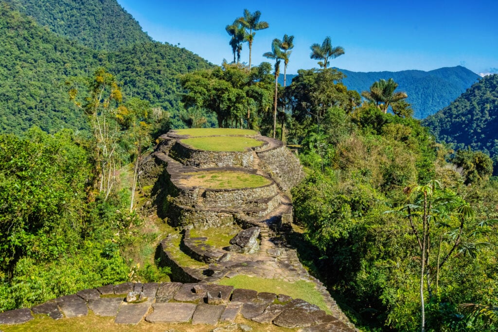 Ciudad Perdida terraces, dense jungle palms, wide mountain backdrop, midday sunlight, editorial travel photo, no people.