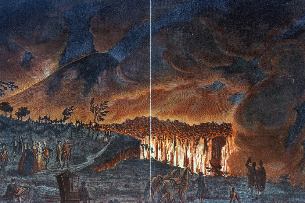 Volcanic hillside, fiery lava eruption, chaotic escape scene, night under smoke-filled sky, historical painting style, people and animals.