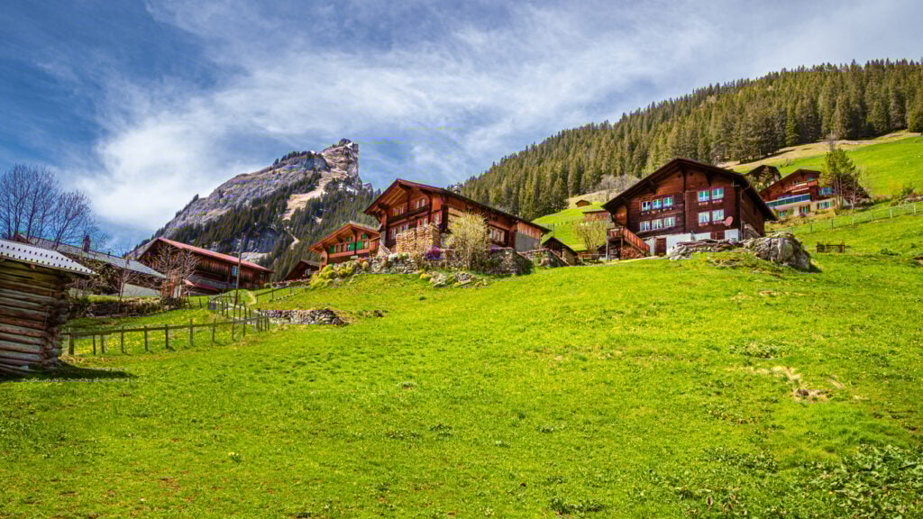 Alpine hillside chalets, flower balconies, mountains and pines, daylight with clouds, editorial travel photo, no people.