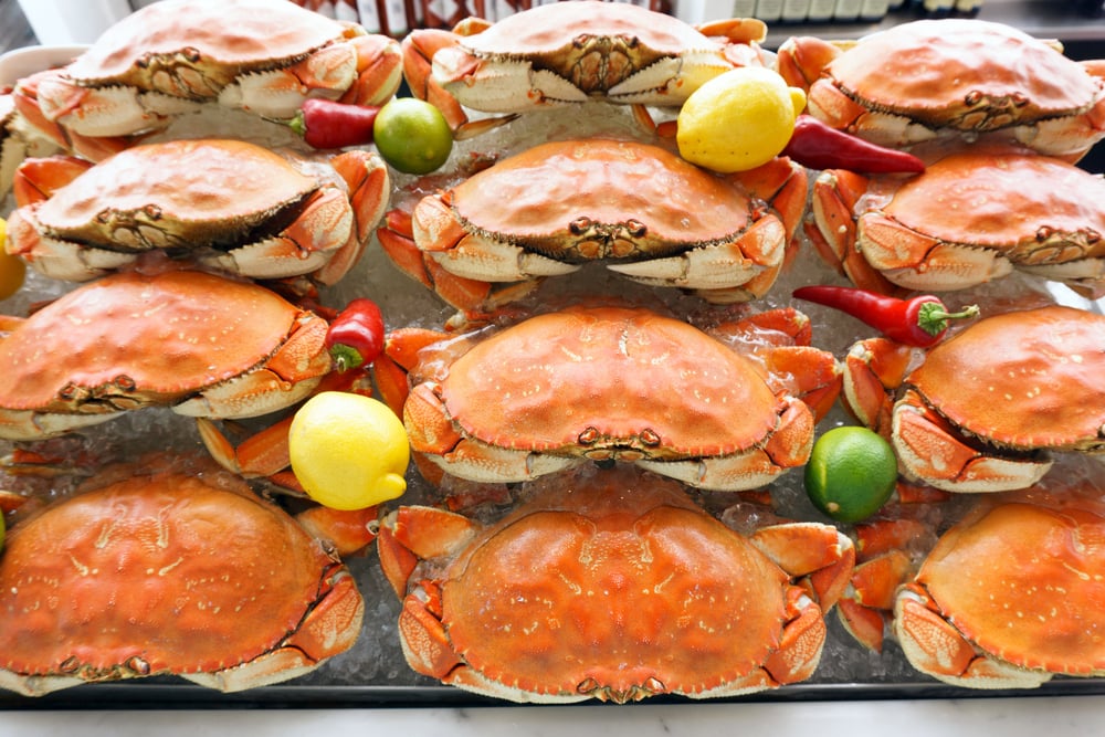 Stacks of cooked crabs on ice with lemons, limes, and red chili peppers.