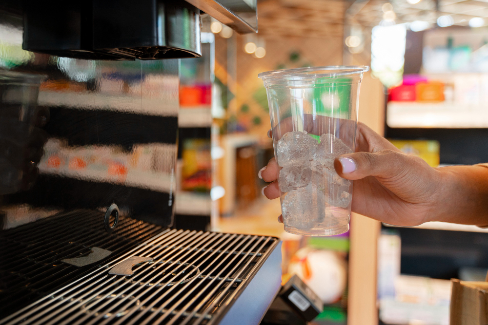 Cafeteria, ice-filled plastic cup beneath drink dispenser, shelves blurred behind, midday indoor light, documentary style, one person.
