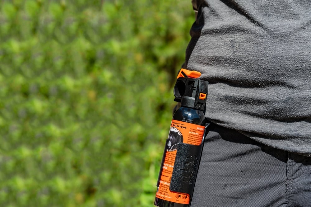 Forest trail, bear spray holster on hip, mid-frame focus, soft daylight, editorial travel photo, single person.