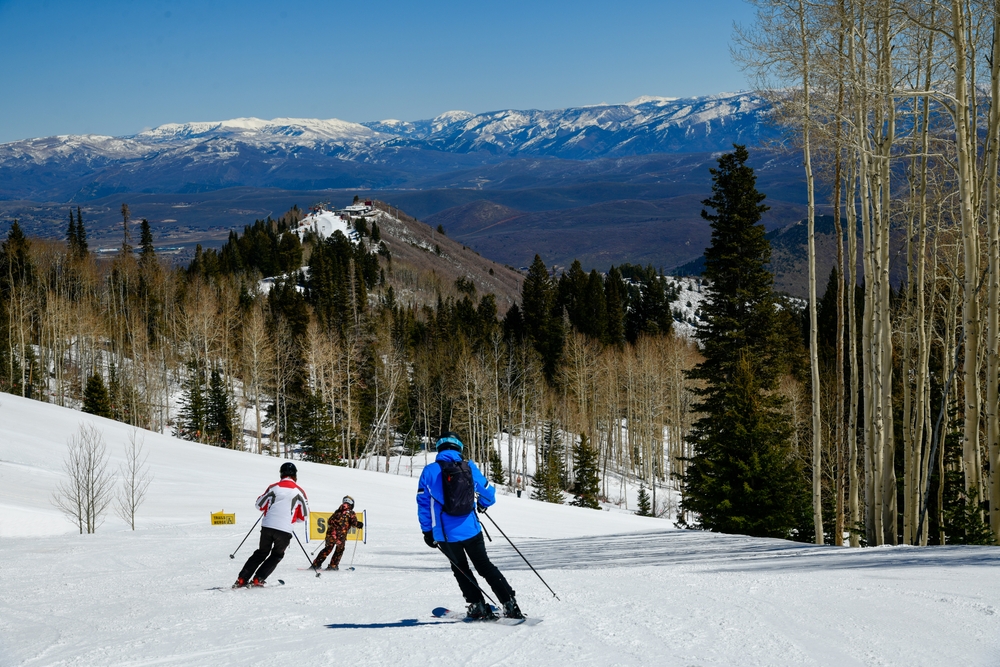 Skiers descending snow-covered slope with bare trees, mountains, and clear blue sky in the background.
