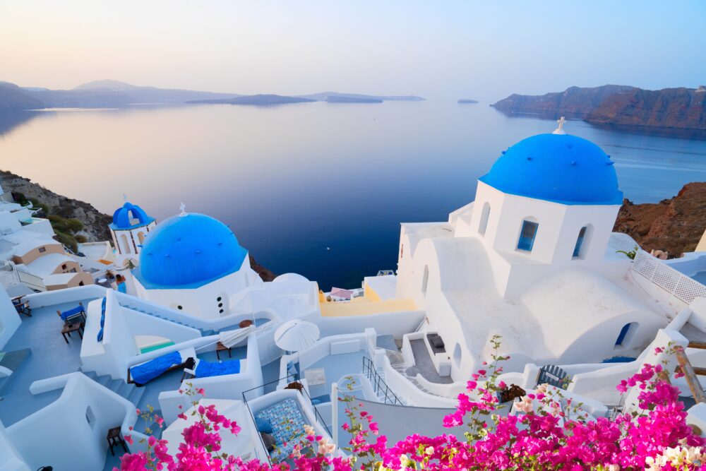 White buildings with blue domes overlook the ocean in Santorini, Greece, surrounded by pink flowers.