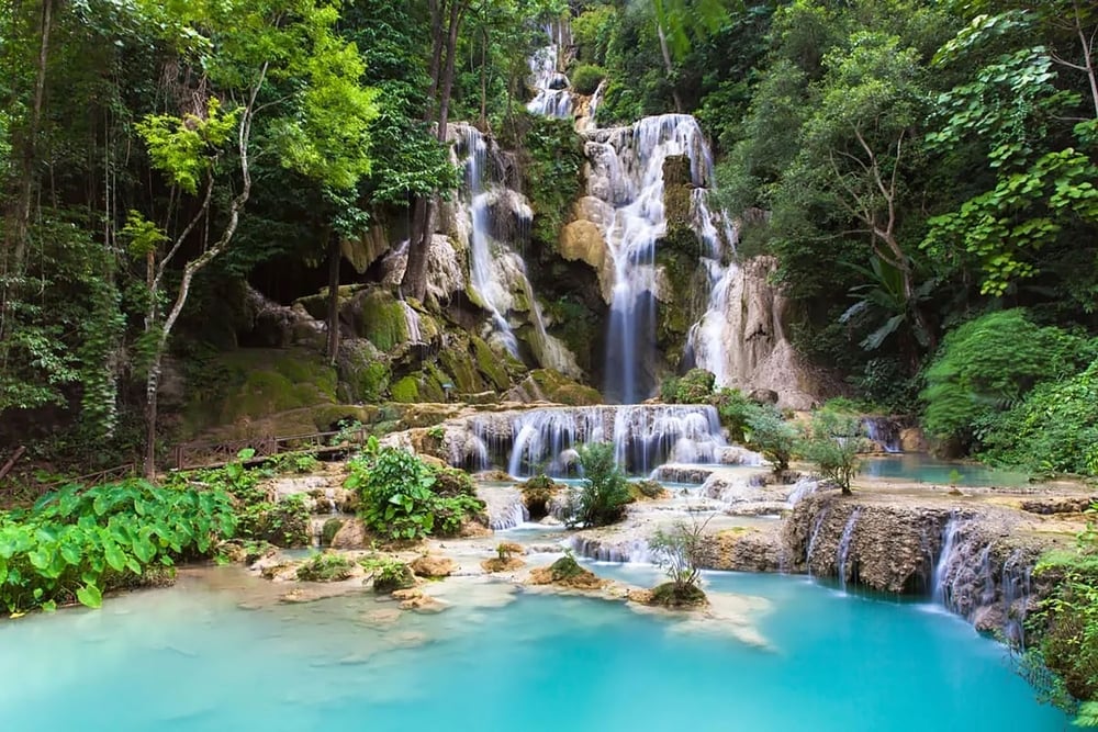 Waterfall cascading into turquoise pools surrounded by lush green forest.