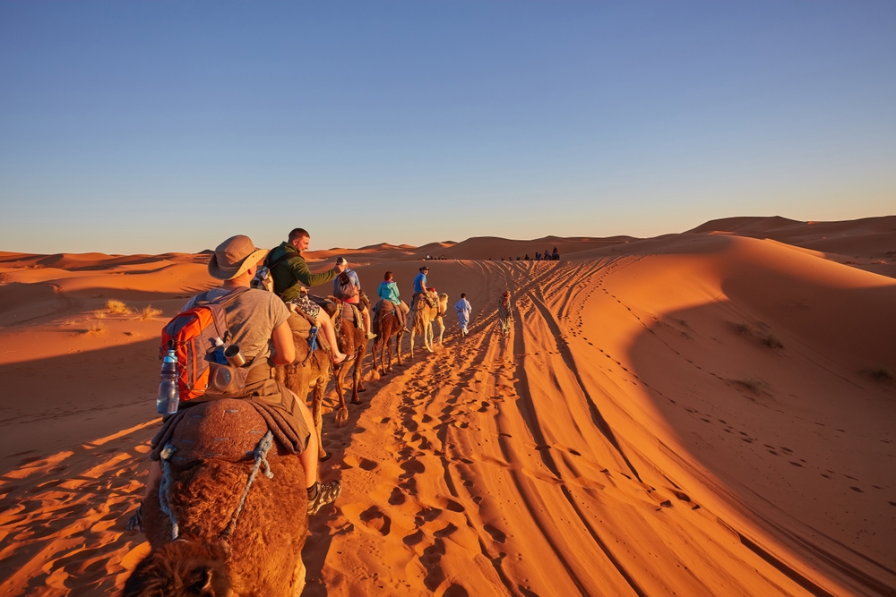 People riding camels in a desert, casting long shadows on the sand at sunset.