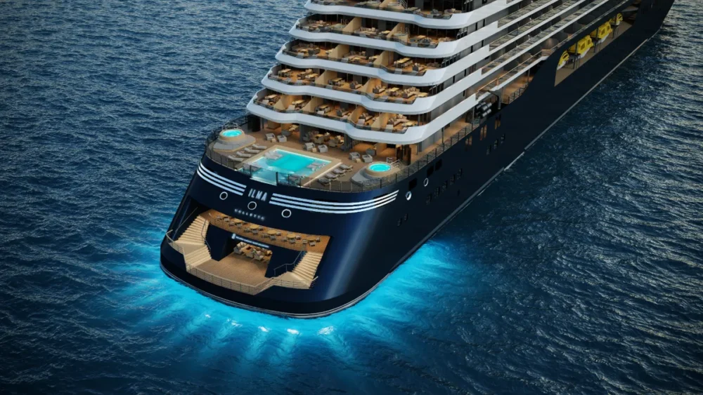 Luxurious yacht on ocean with multiple decks, pools, dining areas, and illuminated underwater lights.