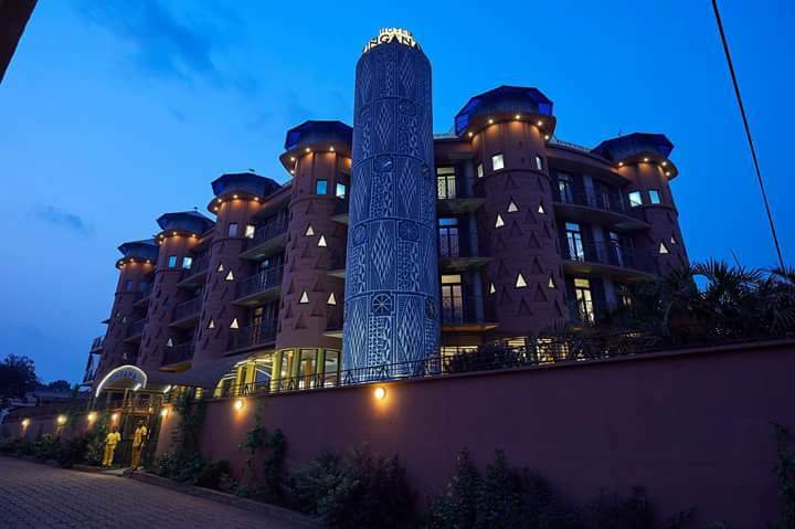A modern building replicating portions of Bamileke architecture. Zingana Hotel, Bafoussam Cameroon